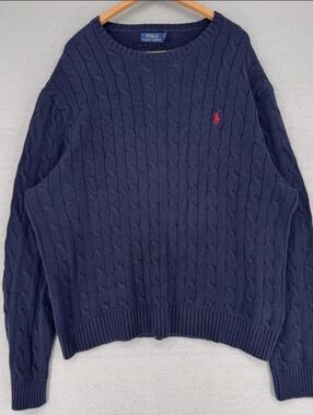 Polo by Ralph Lauren Navy Cable Crewneck Sweater with Red Pony